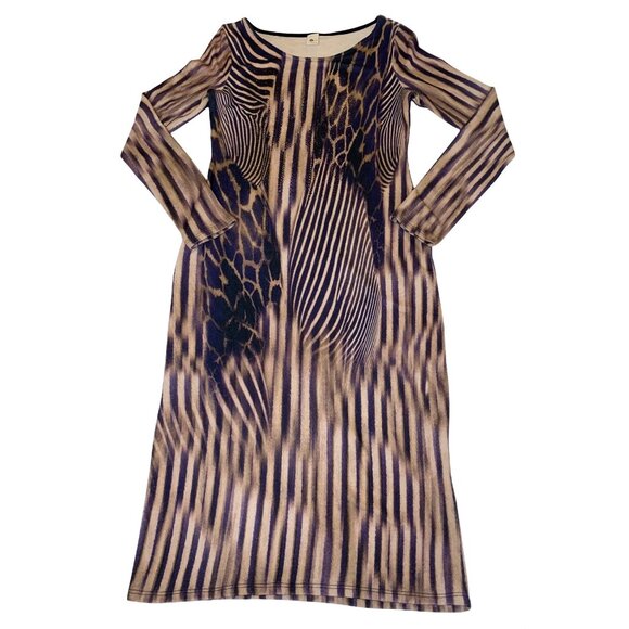 Stylish Womens Animal Print Dress Brown & Purple Long Sleeve S-12 Polyester/Span - Picture 1 of 6